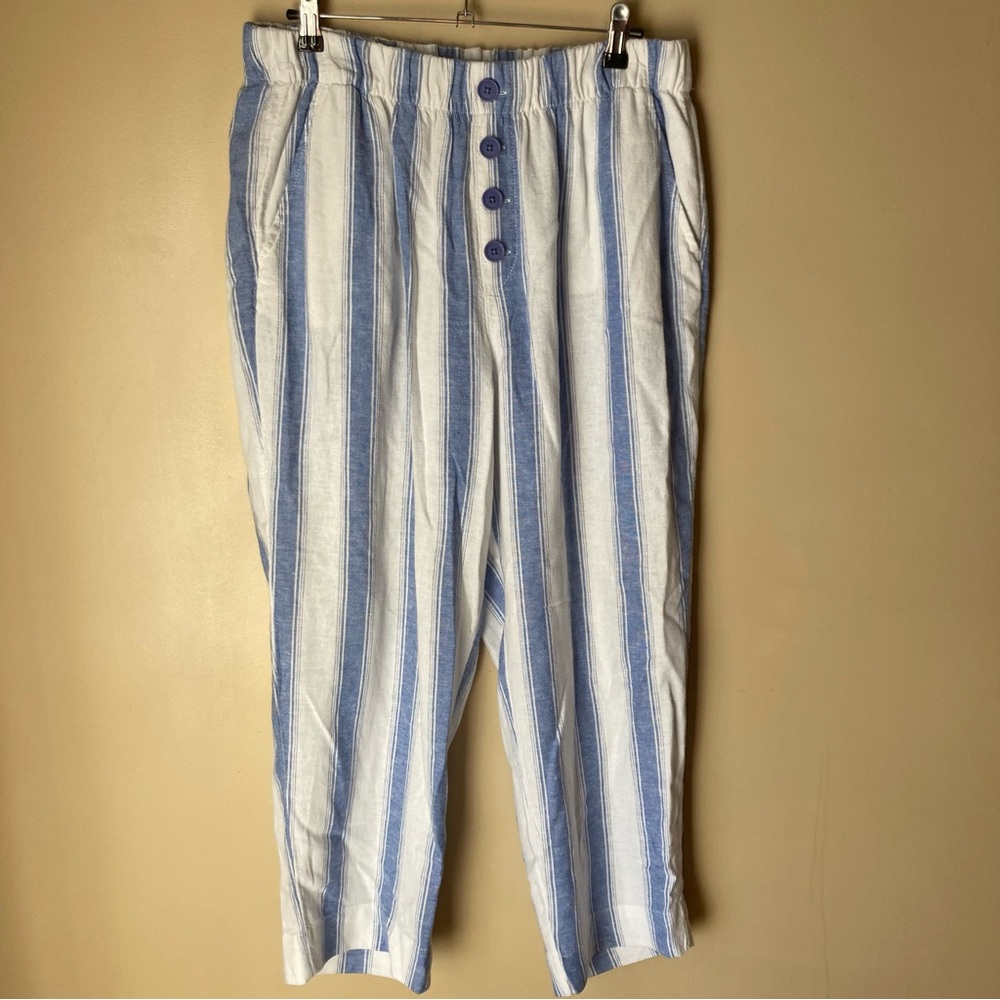 Loft Outlet Womenβs Striped Linen Blend High Rise Straight Petite Pants; Size LP